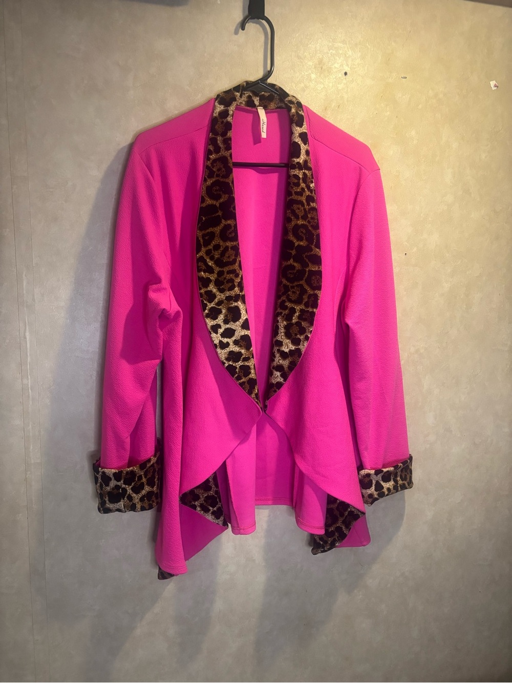 Hot Pink Open Front Jacket with Leopard Trim